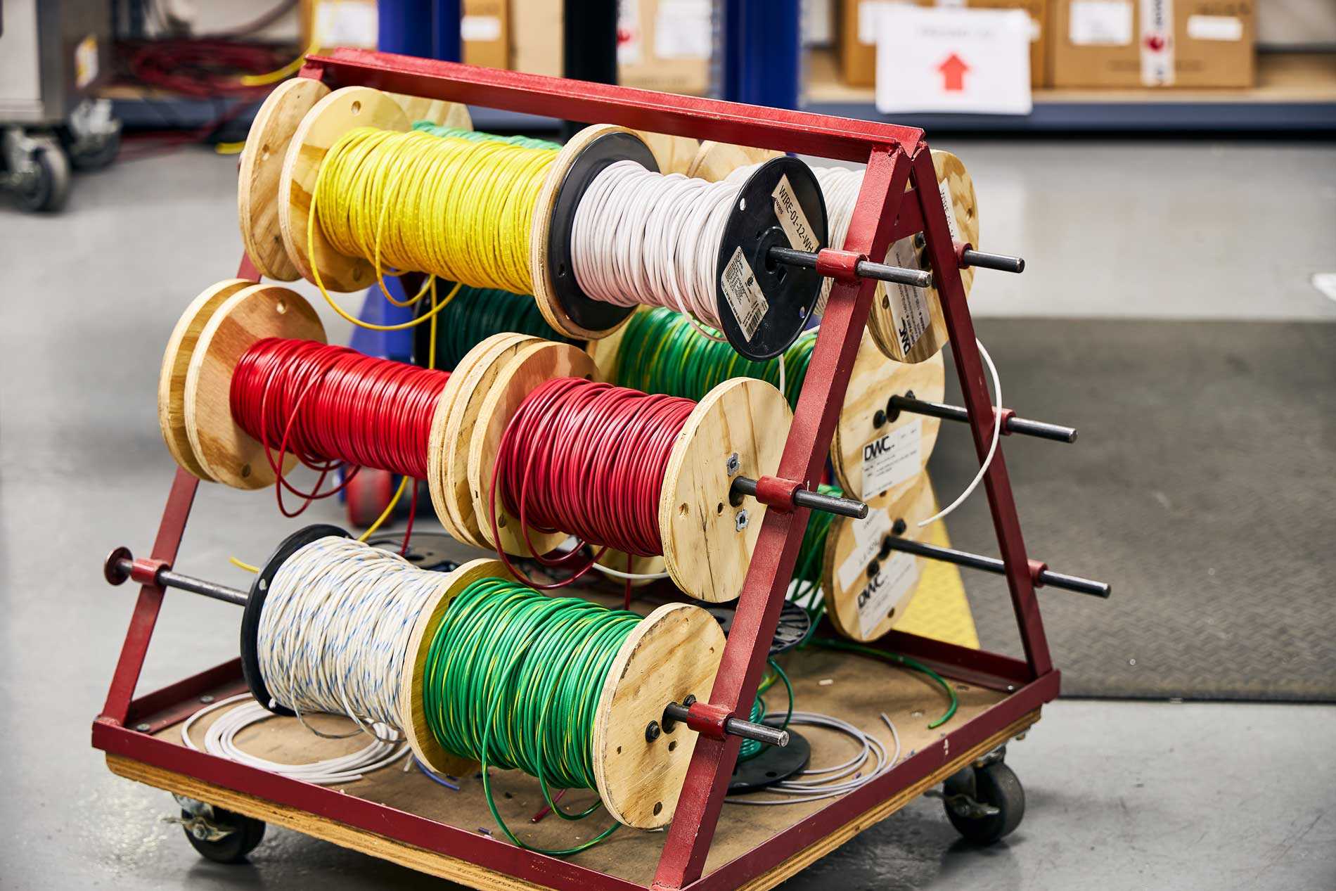 Colorful spools of wire on the DMS floor
